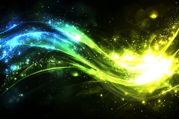 Abstract background with green and blue neon wavelines moving at high speed, framed by bokeh lights, conjuring up data transfer images.