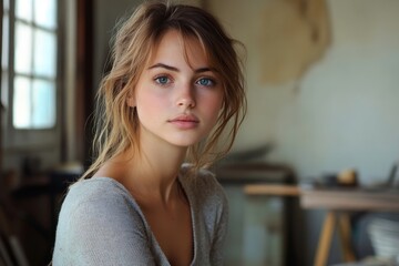 Young woman looking at the camera in a studio, Generative AI