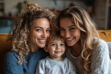 Obraz premium Loving lesbian couple spending time with her son at home, Generative AI