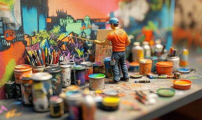 Miniature artist paints a colorful mural.