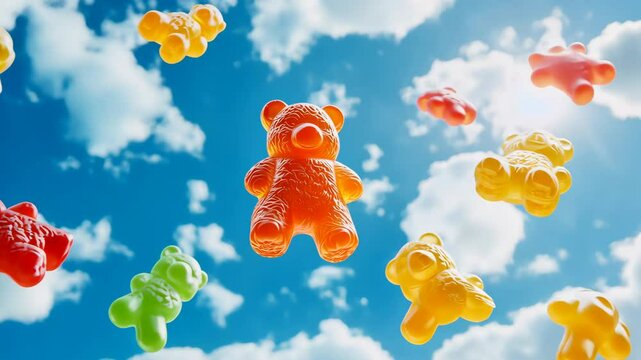 Gummy bears floating in the sky, gummies in various shapes and colors.