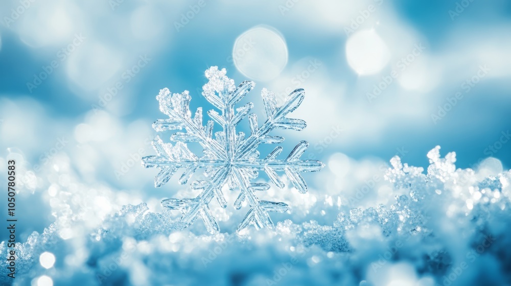 Poster close-up of a snowflake sparkling in the snow with blue tones. perfect for winter and christmas back