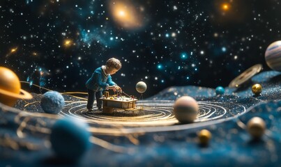 Naklejka premium A figurine playing with planets in space.