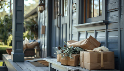 Fototapeta premium Delivered parcels on porch near front door