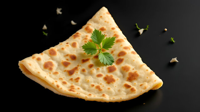 Golden brown flatbread with parsley garnish, isolated on black background.
