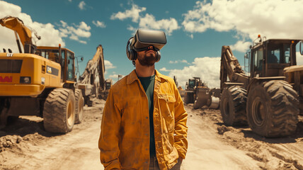 A construction worker in a VR headset explores virtual design on site
