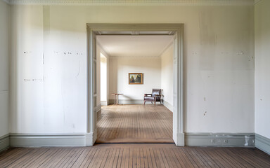 Fototapeta premium A vintage chair and wooden floor in a white room with a doorway evoking a sense of history and nostalgia 
