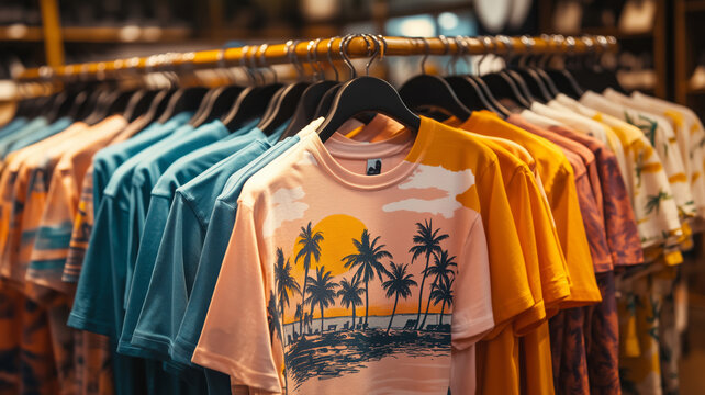 Colorful summer t-shirts on display at a vibrant store during sunny days