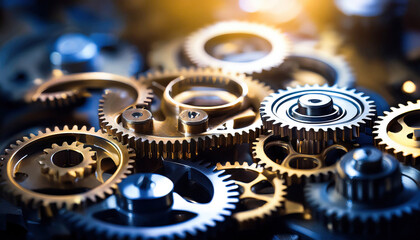 A close-up view of interlocking gears and cogs, emphasizing the precision and mechanical nature of engineering and machinery.