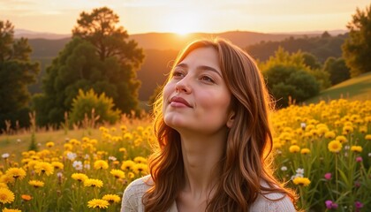 Naklejka premium Young Woman Smiling Peacefully in Flower Field at Sunset with Warm Glow