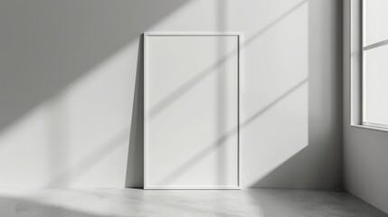 A white picture frame leans against a white wall in a minimalist room, bathed in natural light, casting shadows.