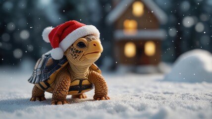 A cute baby tortoise wearing a Santa hat stands in the snow, with a cozy cabin in the background.