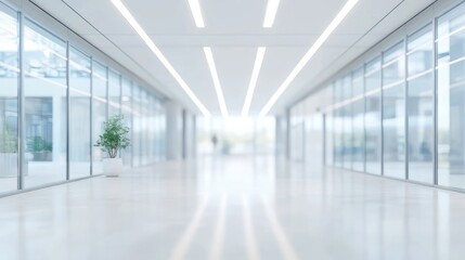 Obraz premium A modern, spacious hallway with large windows and a potted plant, conveying a sleek design.
