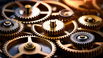A close-up view of interlocking gears and cogs, emphasizing the precision and mechanical nature of engineering and machinery.