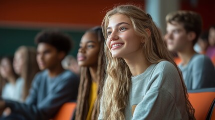 Fototapeta premium Group of young people during lecture in school, Generative AI