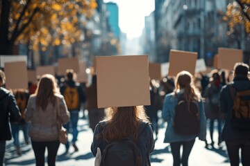 Obraz premium People doing demonstration on the street holding sign boards, Generative AI