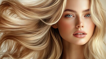 Naklejka premium Elegant woman with shiny wavy blond hair, Generative AI