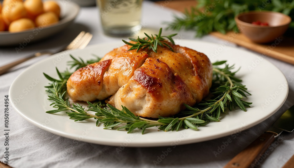 Wall mural herb roasted turkey on a white plate with fresh rosemary leaves and a rustic wooden background