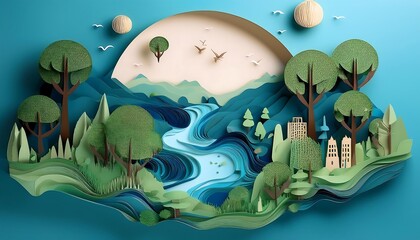 Colorful paper art landscape with flowing river and lush greenery under a serene sky. Generative AI