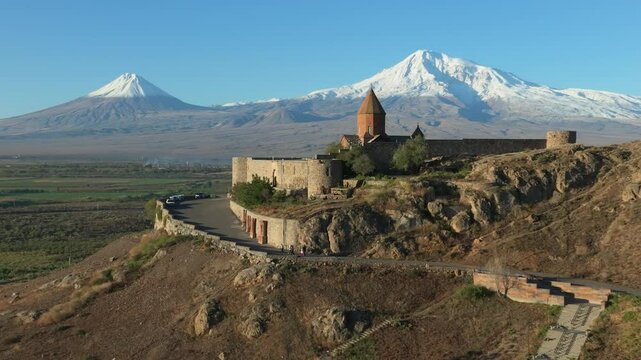 Aerial footage of the historic monastery of Khor Virap and Mount Ararat in the Ararat Plain, Armenia