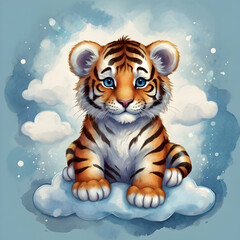a baby tiger resting on a fluffy cloud with a soft blue watercolor background. The tiger should have large blue eyes