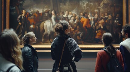 Museum Curator Engaging Visitors with Art History in Warmly Lit Gallery Setting
