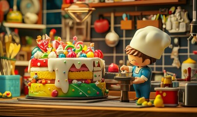 A miniature chef decorates a colorful cake.