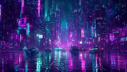 Obraz premium Cyber punk landscape concept with glowing lights in the dark. Night life with 5G technology. A futuristic design of Sci-Fi Capital city and building. Stock image.