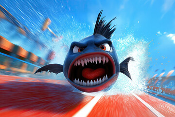 Animated shark character with an aggressive expression, racing through the water at high speed, showcasing thrill and intensity