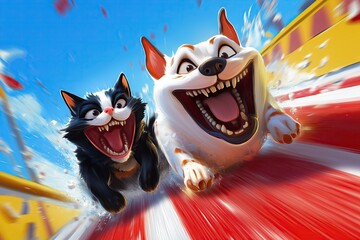 animated cat and dog   characters racing together with joyful expressions, showcasing friendship, adventure, and excitement in an action-packed scene