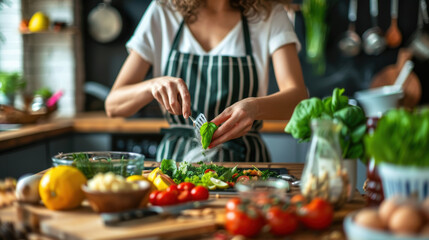 Naklejka premium Nutritionist Leading Healthy Cooking Class in Bright Modern Kitchen with Fresh Ingredients