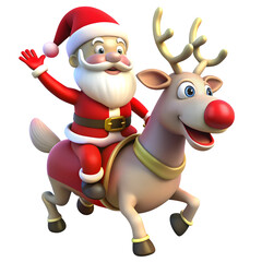 Santa Claus riding a reindeer, cheerful and festive character illustration. Isolated on transparent or white background.