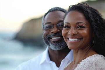 Mature African American couple dancing joyfully on beach, Generative AI