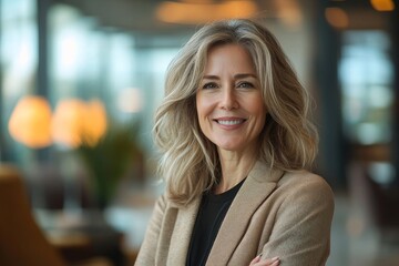 Obraz premium Mature businesswoman looking happy at lobby, Generative AI