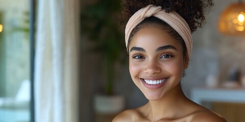 Healthy woman smiling after skin care at home, Generative AI
