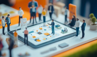 Miniature figures interact with a tablet.