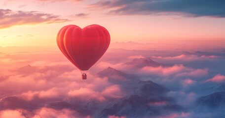 Obraz premium Valentine's Day. A red heart-shaped balloon floats over misty mountains at sunrise, with warm pastel skies creating a serene, romantic feel.