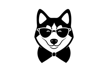 Vector portrait of Siberian husky dog wearing sunglasses and retro bow.with white background.