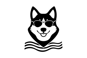 Fototapeta premium Vector portrait of Siberian husky dog wearing sunglasses and retro bow.with white background.
