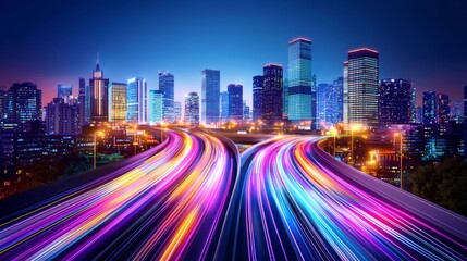 Fototapeta premium This is a 3D render of a futuristic city with a cyberpunk light, glowing at night in the landscape. It is generated using stock.