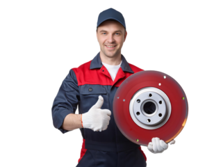 Mechanic showing thumbs up and holding brake disc on transparent background