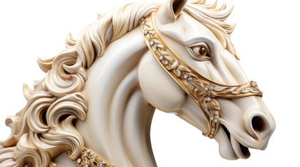 A detailed close-up of a colorful carousel horse head, showcasing classic amusement park design.