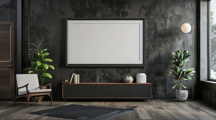 A modern living room with a large framed canvas, a comfy chair, and a black entertainment center.