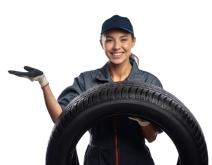 Smiling mechanic woman showing car tire on transparent background