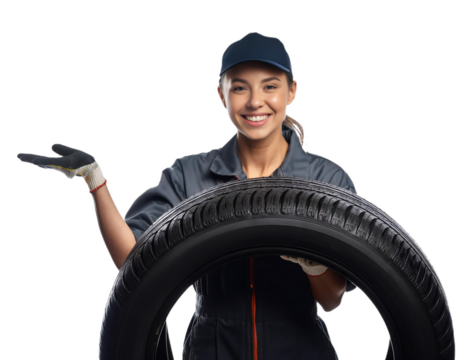 Smiling mechanic woman showing car tire on transparent background