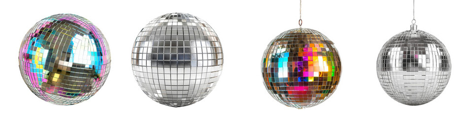 Collection of colorful and silver disco mirror balls isolated on transparent or white background