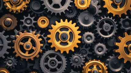 A grid of differently sized gears turning in unison, Depicting the synchronized effort of diverse talents in achieving common goals, photography style