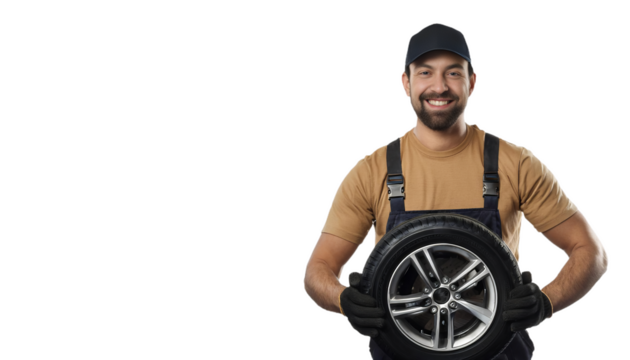 Smiling mechanic holding car tire on transparent background