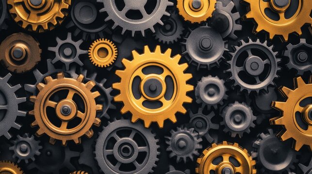 A grid of differently sized gears turning in unison, Depicting the synchronized effort of diverse talents in achieving common goals, photography style