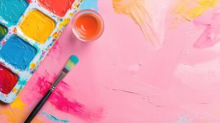 Fototapeta premium Vibrant Watercolor Palette with Brush and Canvas